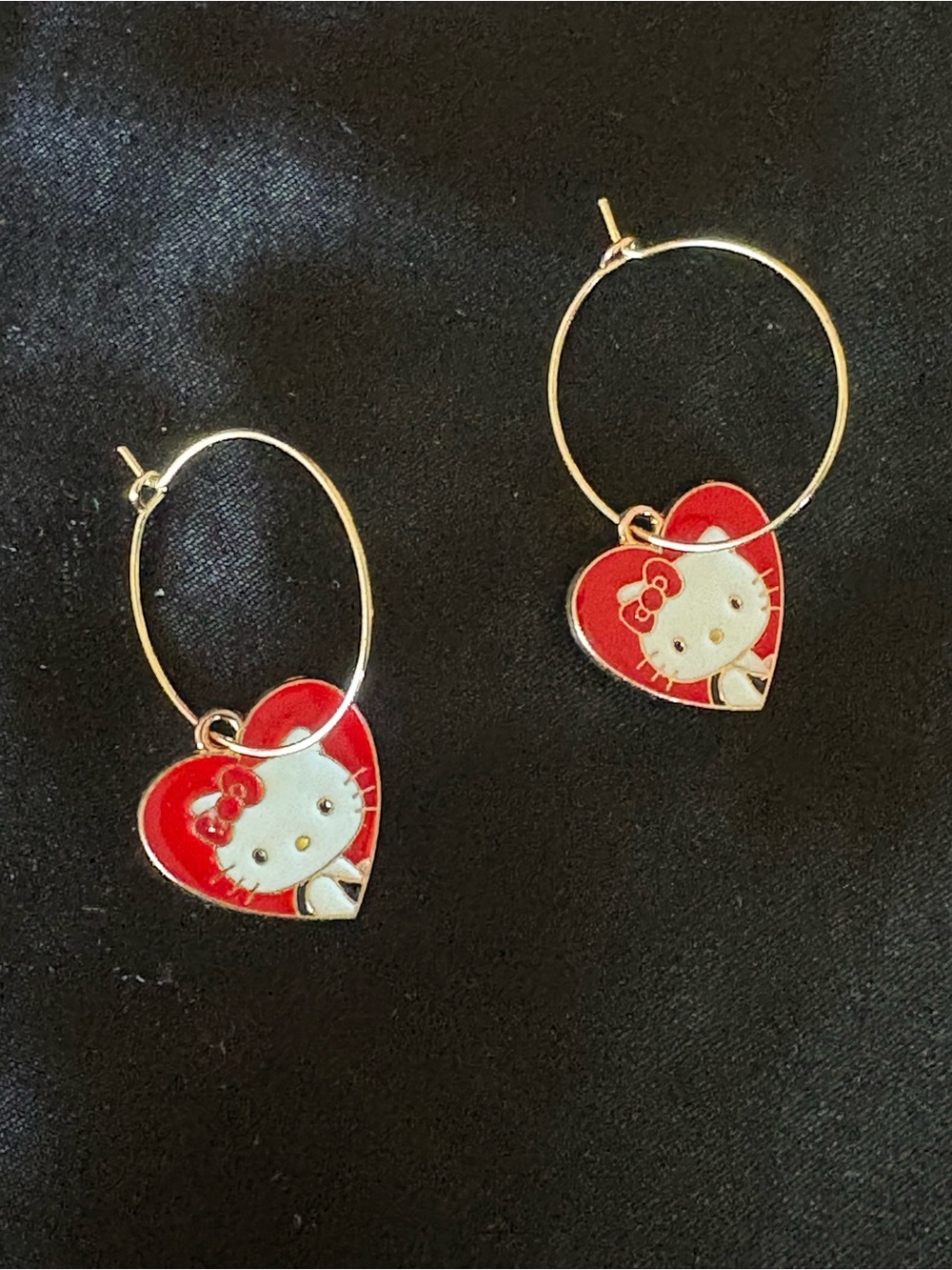 Red Heart Hoop Earrings with Cute Kitty Charm